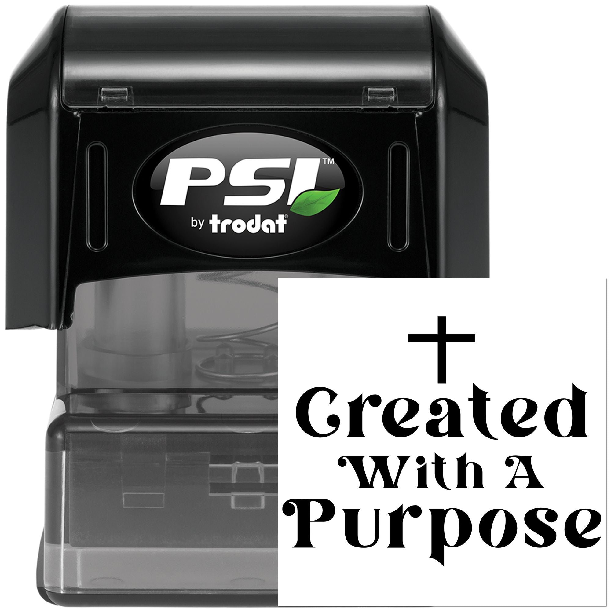PSI by Trodat self-inking rubber stamp featuring Created With a Purpose custom imprint