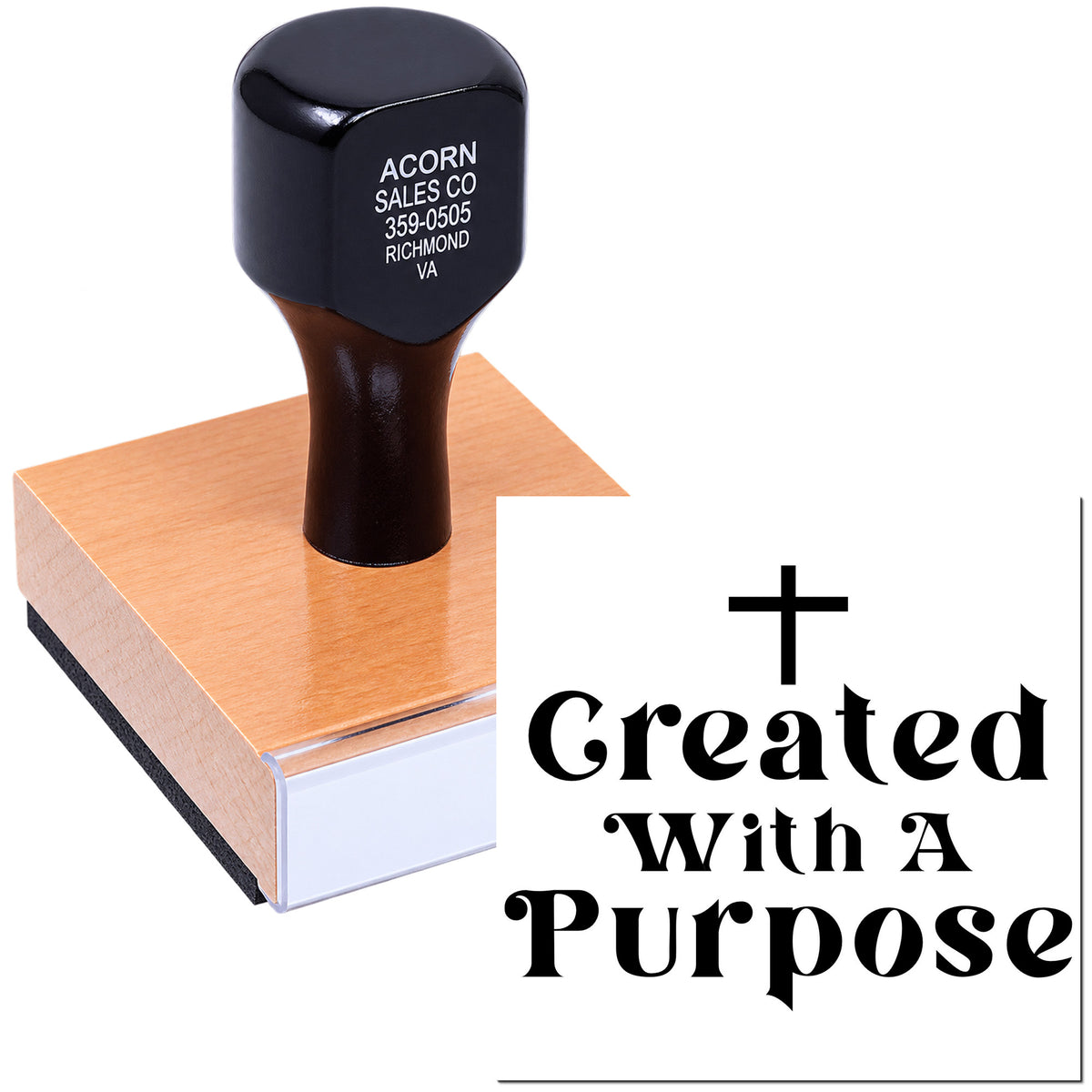 Custom rubber stamp with Created With a Purpose design for business branding and product packaging.