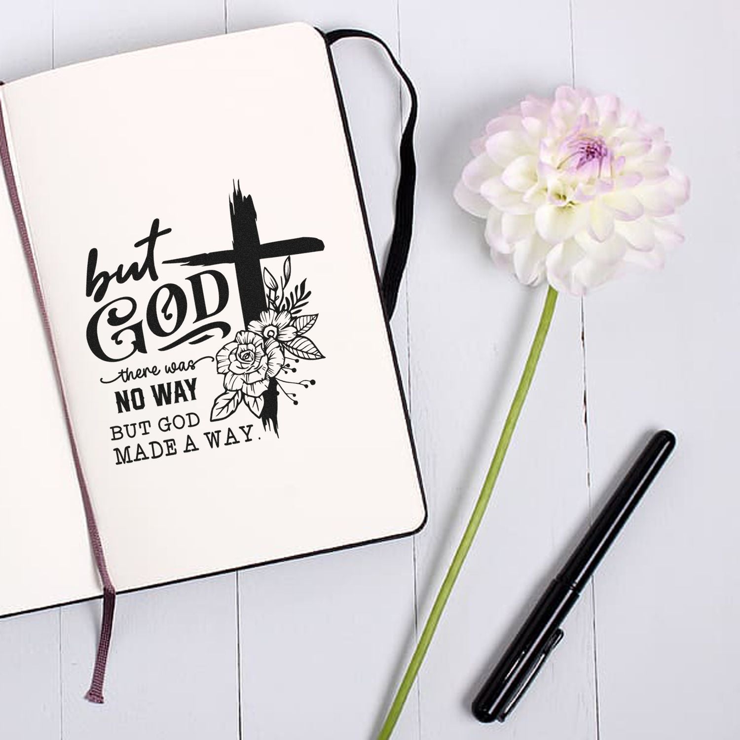 Christian rubber stamp quote with cross and florals: But God made a way for Bible journaling, cards, and crafts.