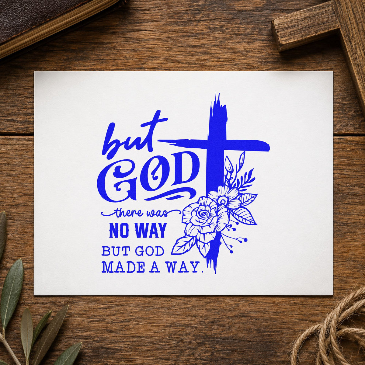But God Made a Way Floral craft stamp in blue ink on cardstock, an easy option for small canvas art.