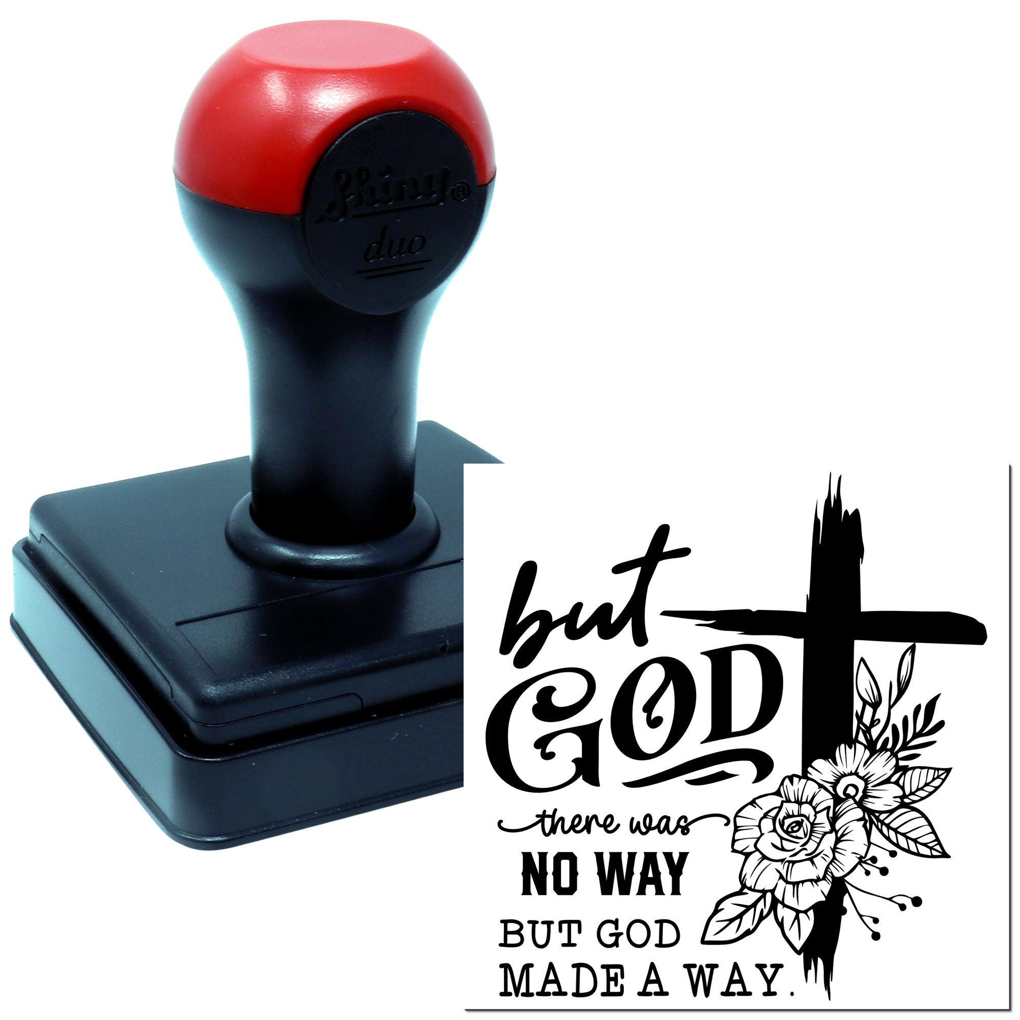 Self-inking Christian rubber stamp with But God made a way floral cross design for faith-based crafts and journaling.