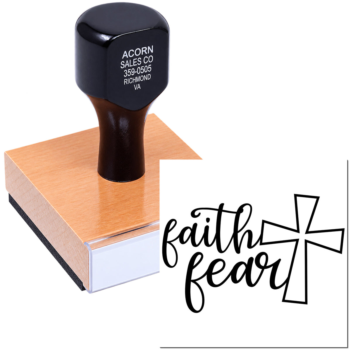 Faith fear rubber stamp with cross design for Christian crafts, cards, and Bible journaling.