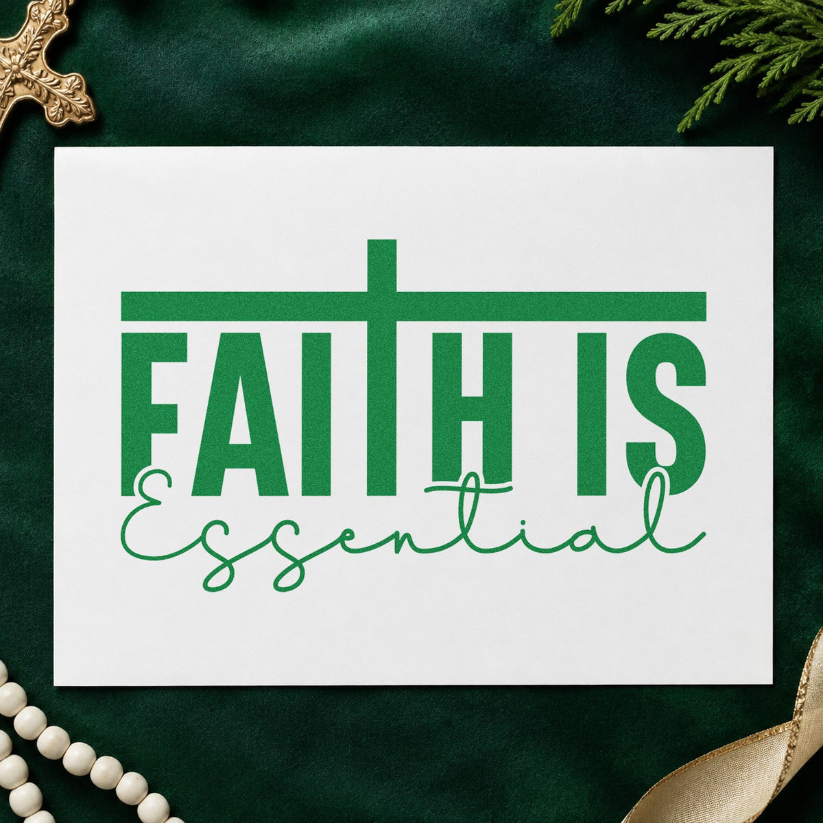 Faith Is Essential craft stamp imprint in green ink on a handmade project, one idea being bible study invites.