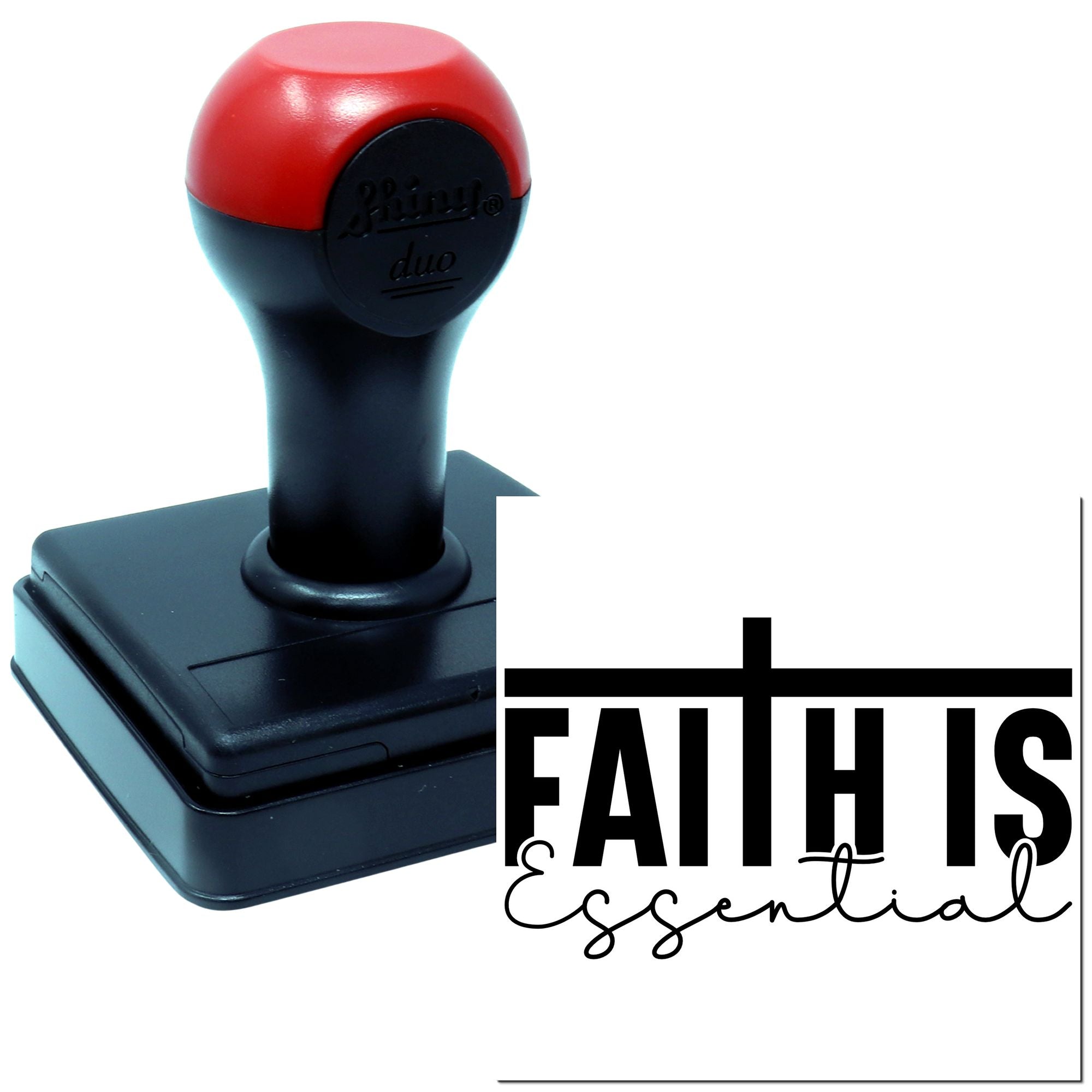 Self-inking rubber stamp featuring Faith Is Essential for inspirational crafting, journaling, and custom stamping.