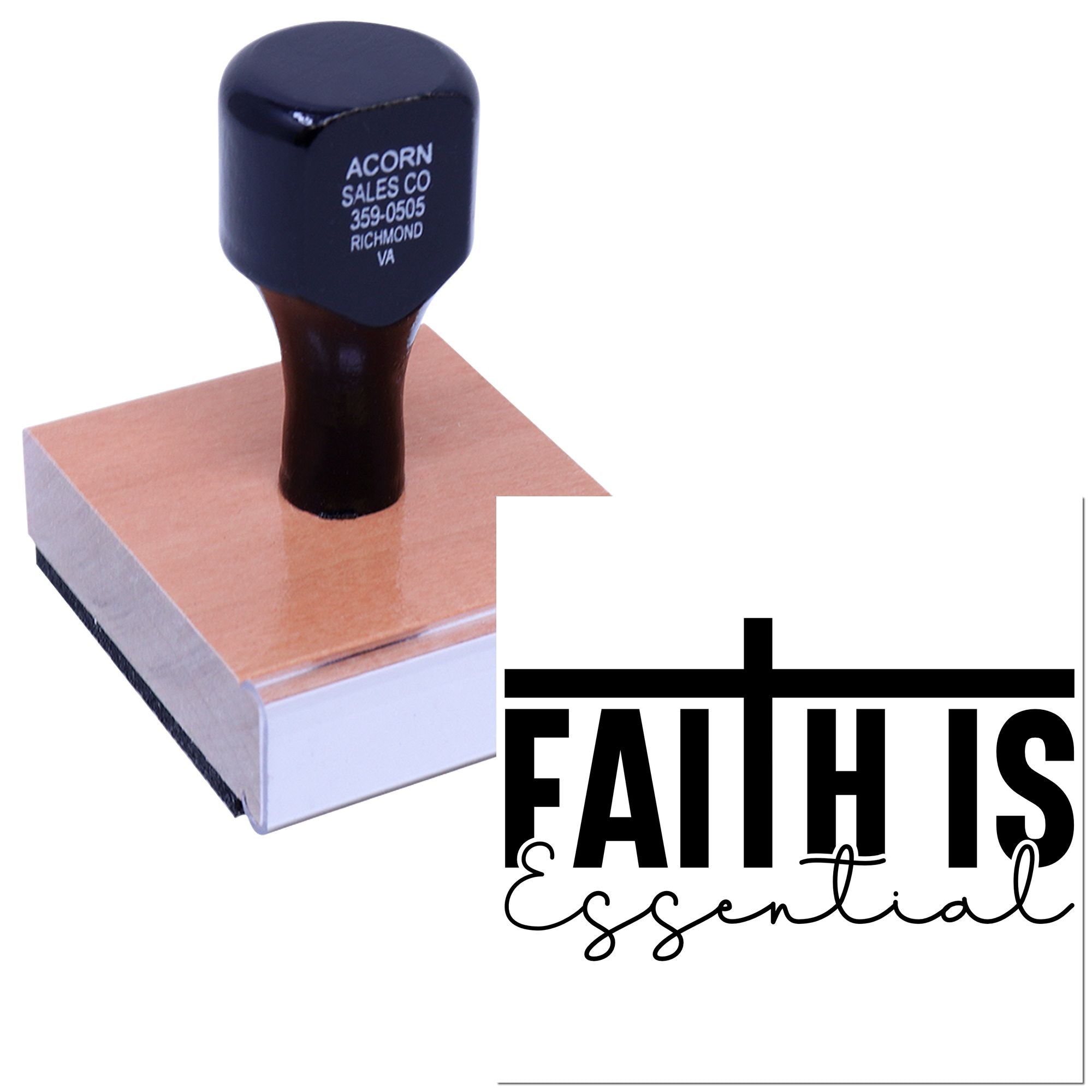 Faith Is Essential custom rubber stamp for inspirational crafts, church projects, and faith-based branding.
