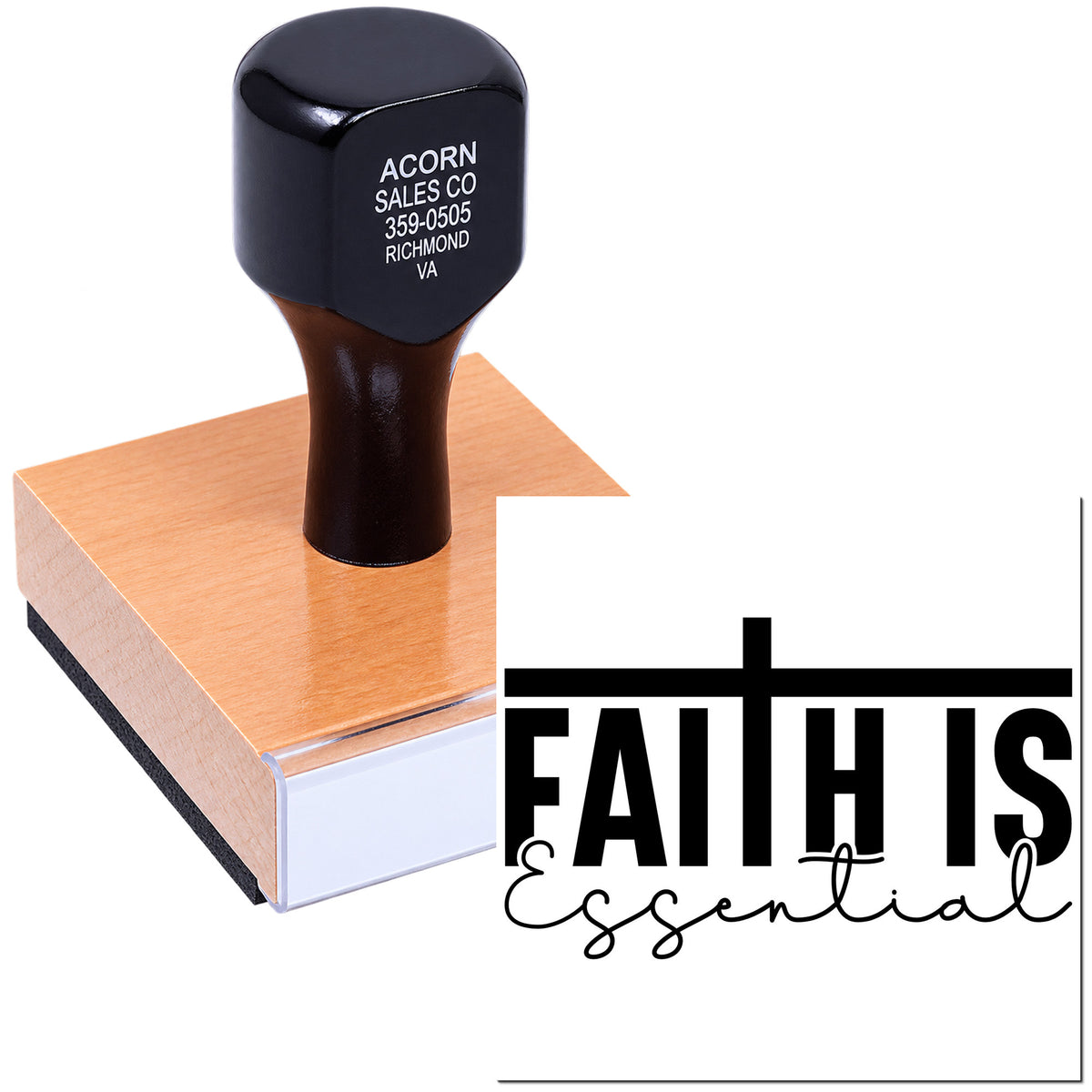 Faith Is Essential custom rubber stamp for inspirational crafts, church projects, and faith-based branding.