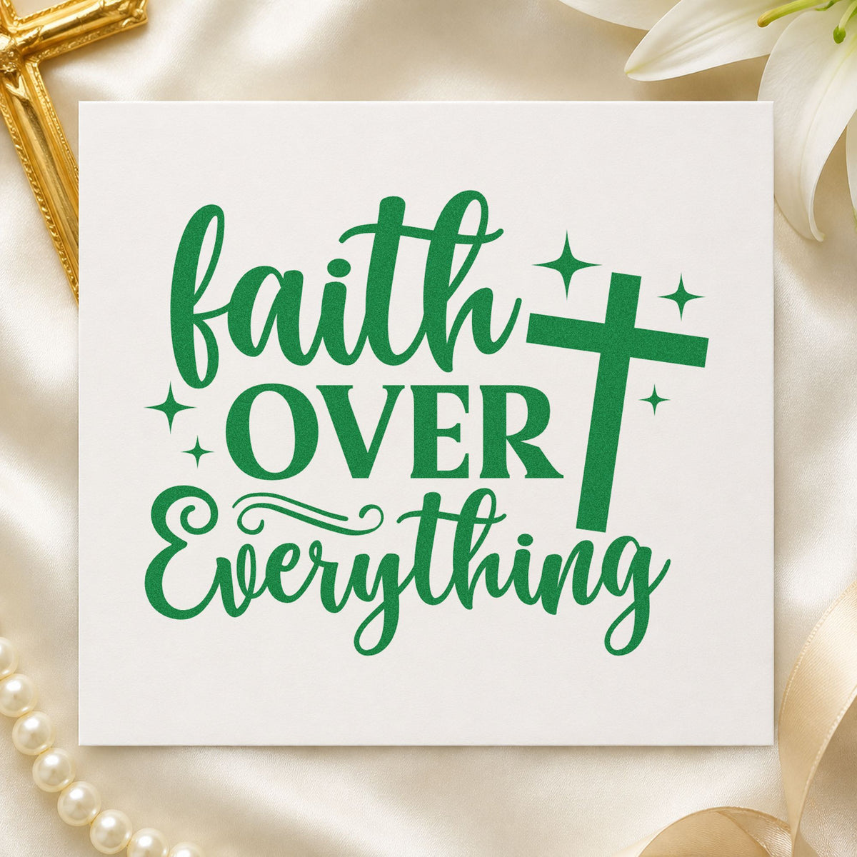 Faith over Everything craft stamp imprint in green ink on a handmade project, one idea being gift tags.