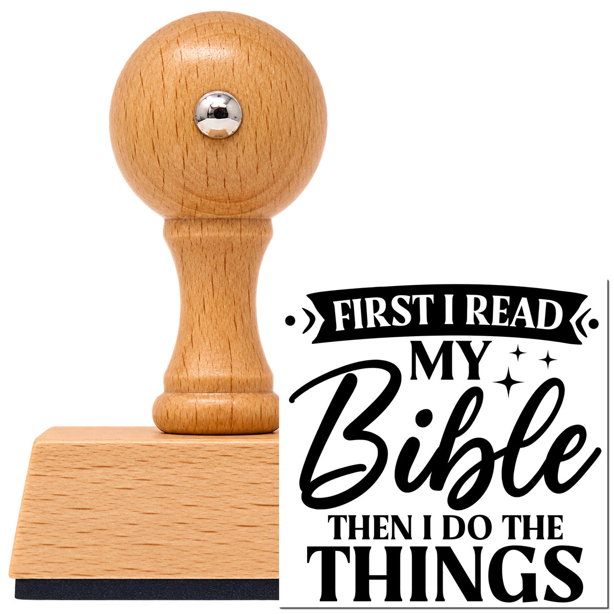 First I Read My Bible Vintage Pro rubber stamp in European beech wood with a round knob handle, shown beside its black imprint.