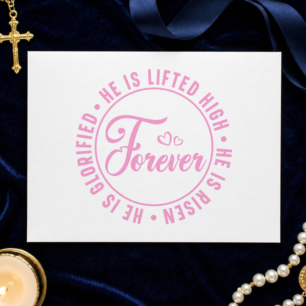 Forever He Is Risen craft stamp in purple ink on cardstock, an easy option for worship team gifts.