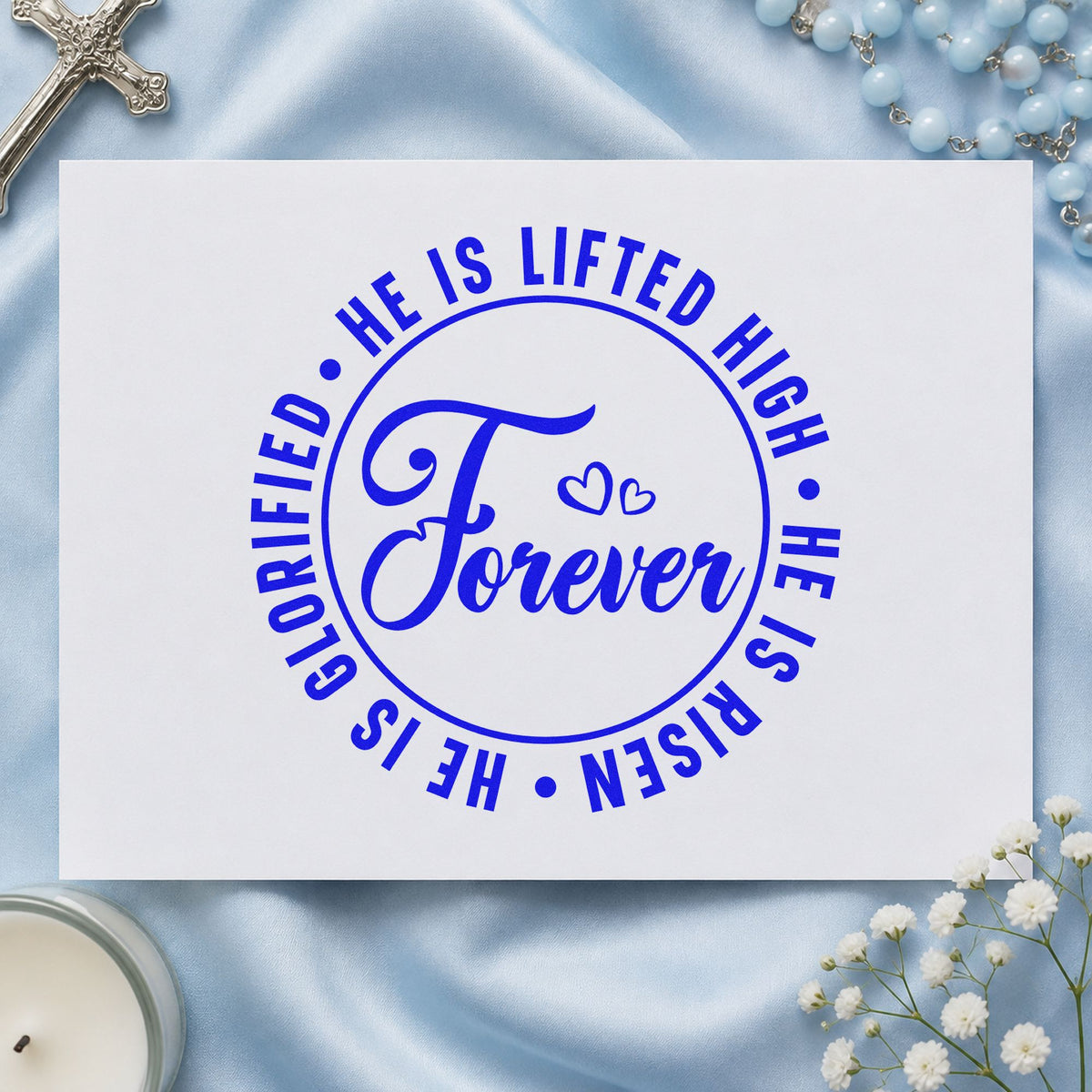 Forever He Is Risen craft stamp imprinted in blue ink on paper, a design suited to choir folder covers.