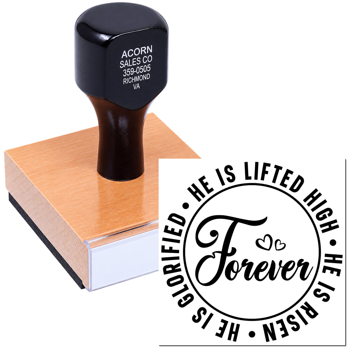 Custom religious rubber stamp with He Is Lifted High He Is Risen Forever imprint for Easter and faith-based crafts.