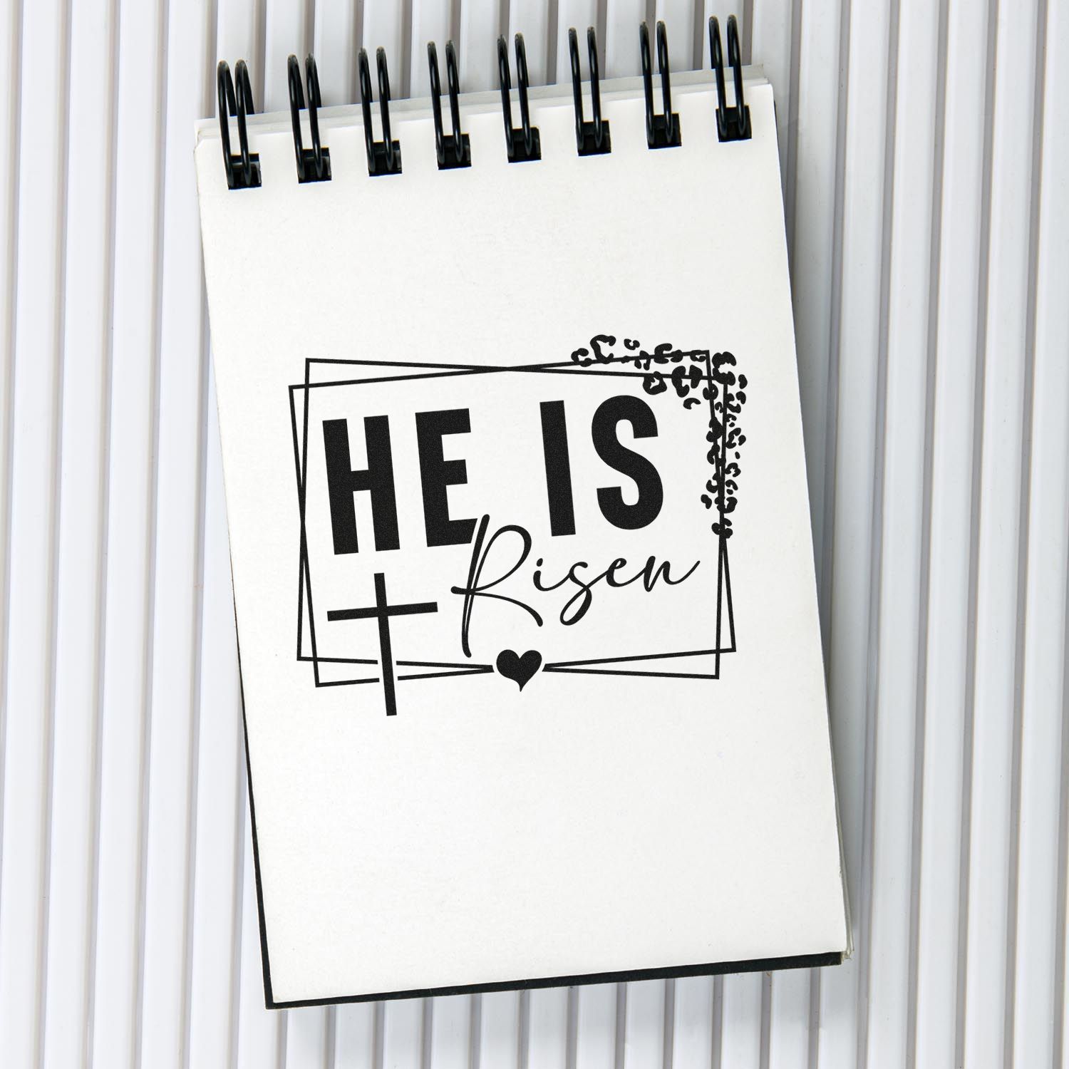 Christian He Is Risen rubber stamp design with cross and heart, ideal for Easter faith crafts and journaling.