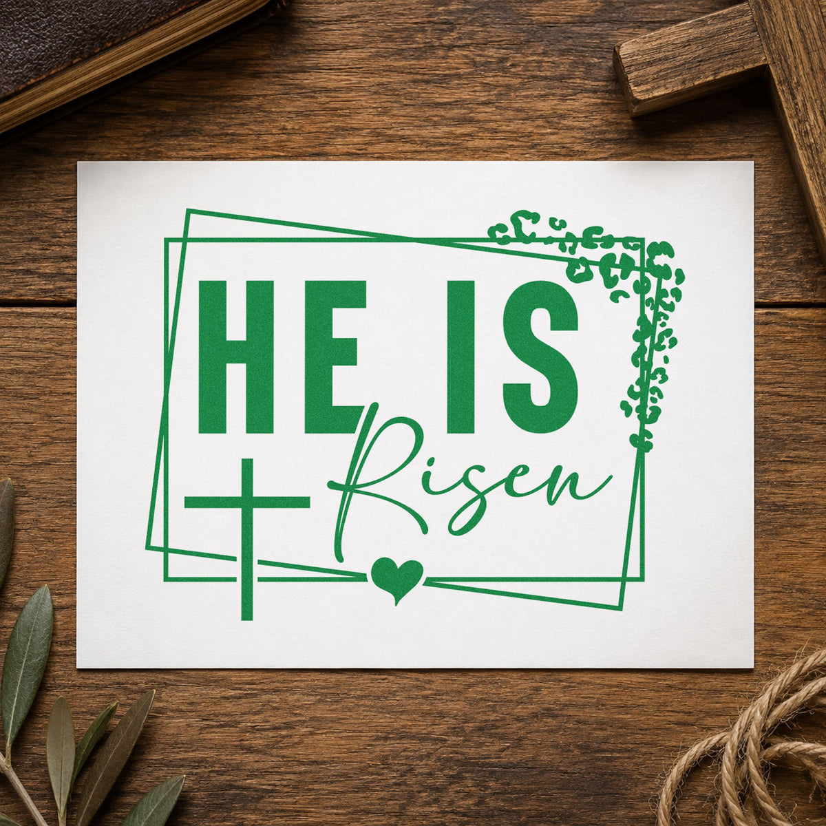 He Is Risen Floral Frame craft stamp imprint in green ink on a handmade project, one idea being easter place cards.