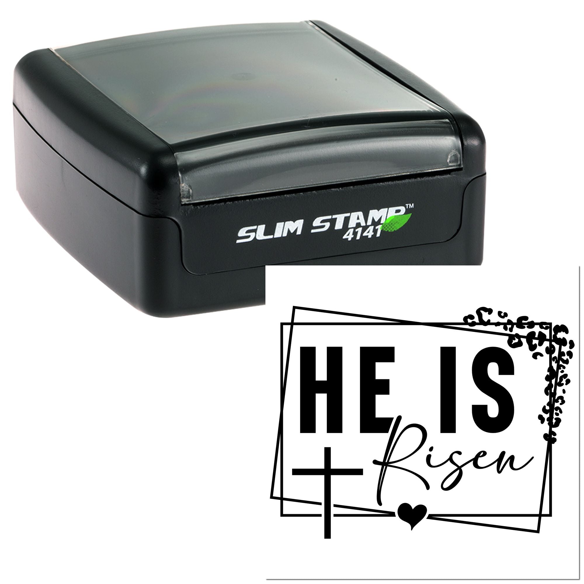 Slim Stamp 4141 self-inking rubber stamp with custom He Is Risen Easter faith imprint