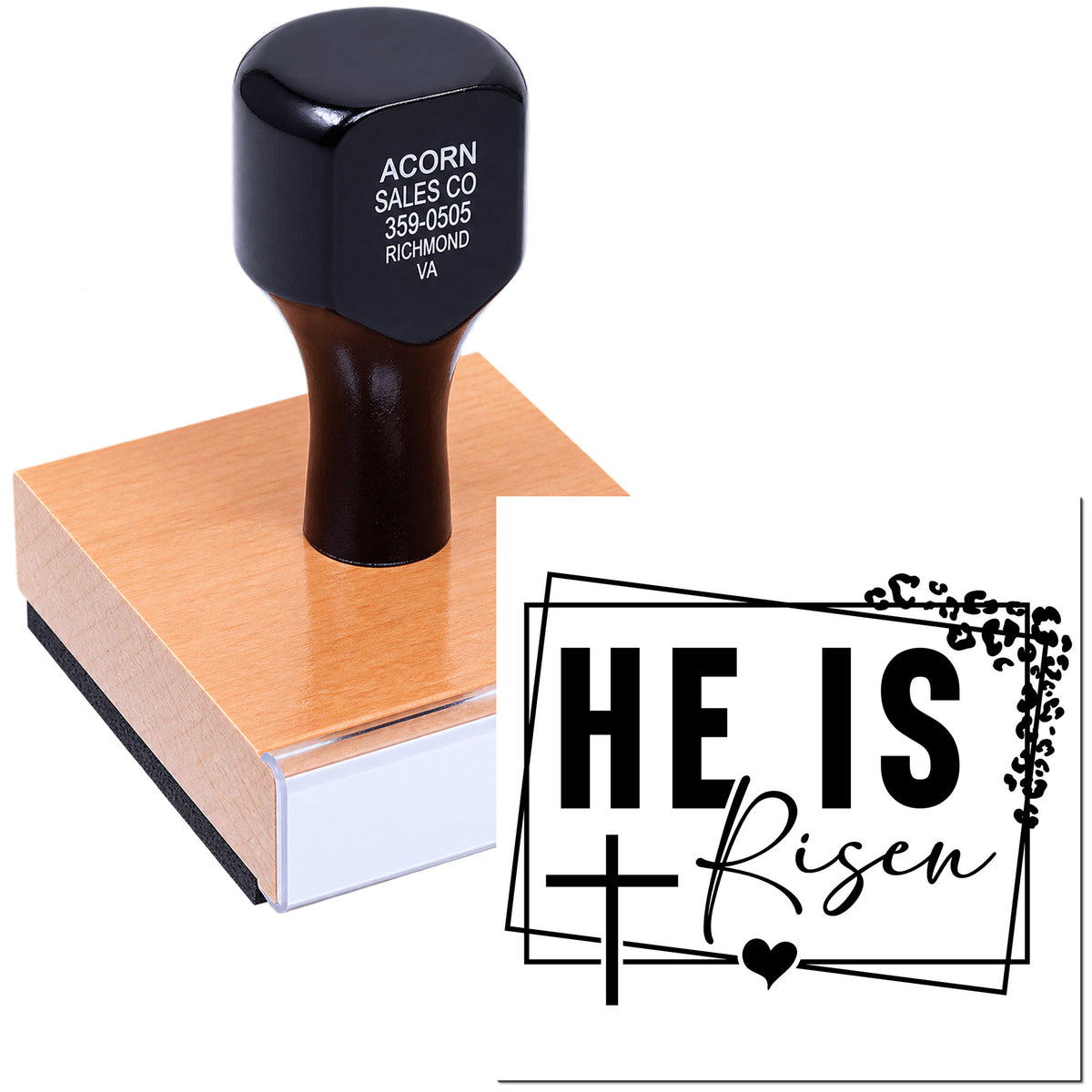 Custom religious rubber stamp with He Is Risen cross design, ideal for Easter cards and church crafts.