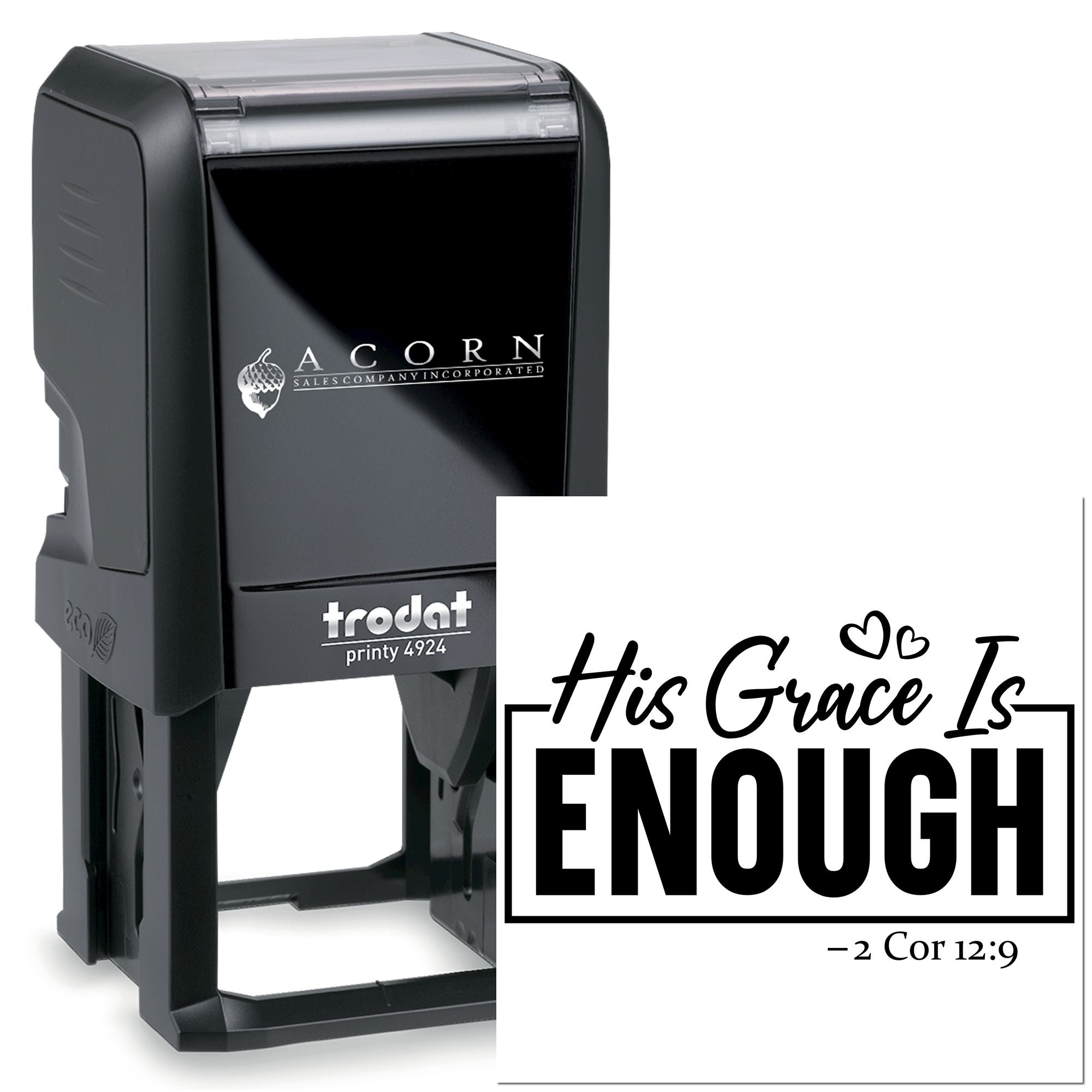 Custom self-inking rubber stamp with His Grace Is Enough Bible verse design for Christian crafts and stationery.