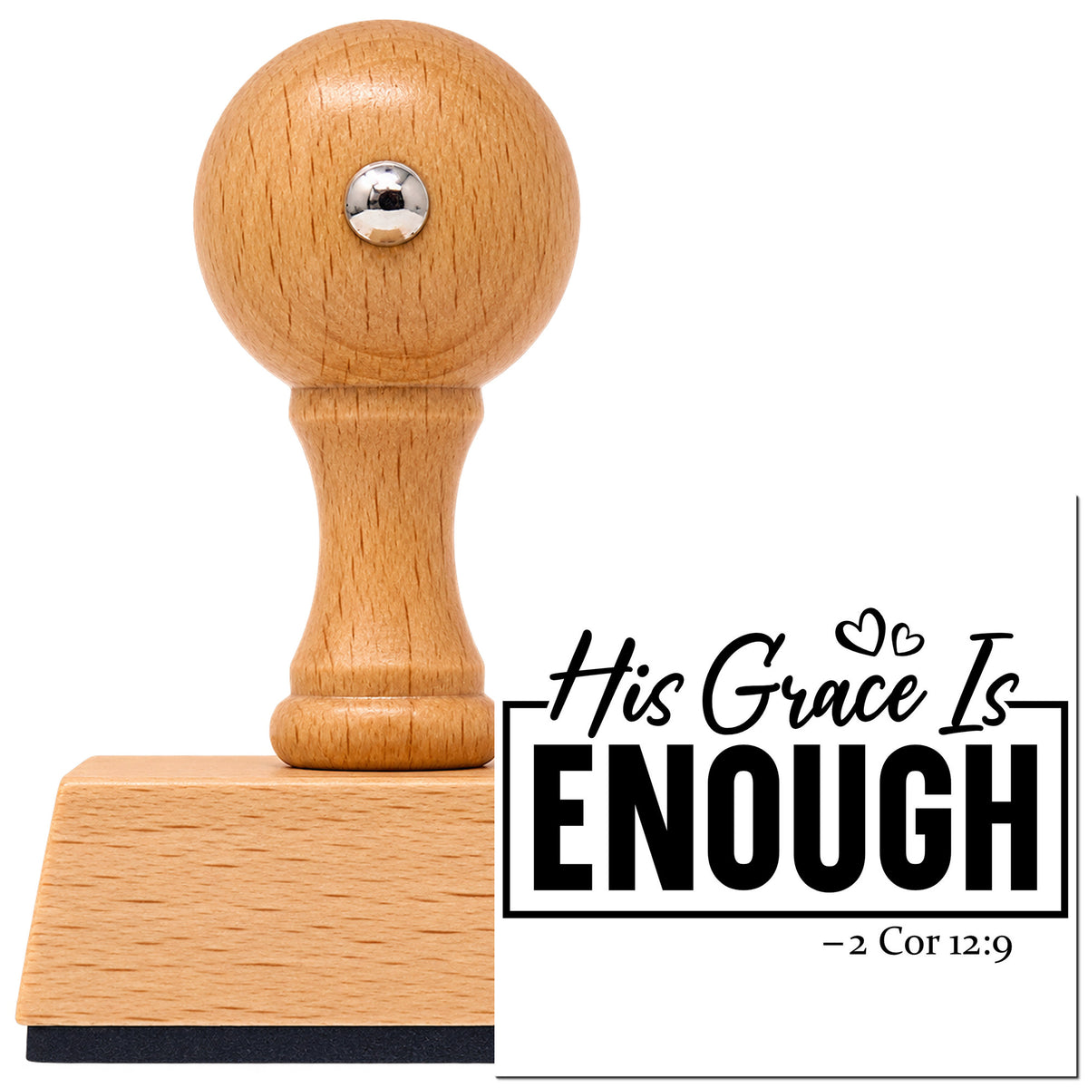 His Grace Is Enough Vintage Pro rubber stamp in European beech wood with a round knob handle, shown beside its black imprint.
