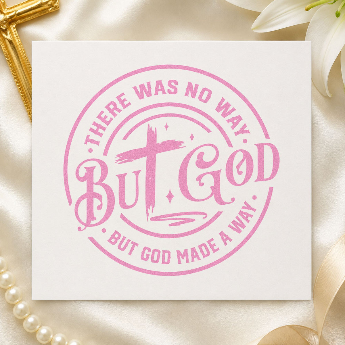 But God Circular Cross craft stamp in purple ink on cardstock, an easy option for homecoming gift tags.