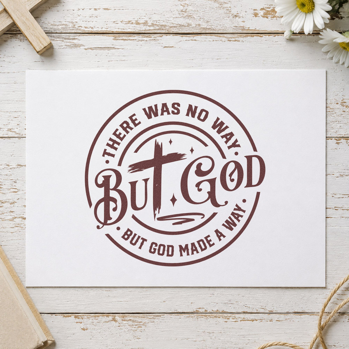 But God Circular Cross rubber stamp printed in brown ink, ready for round label seals and similar paper crafts.