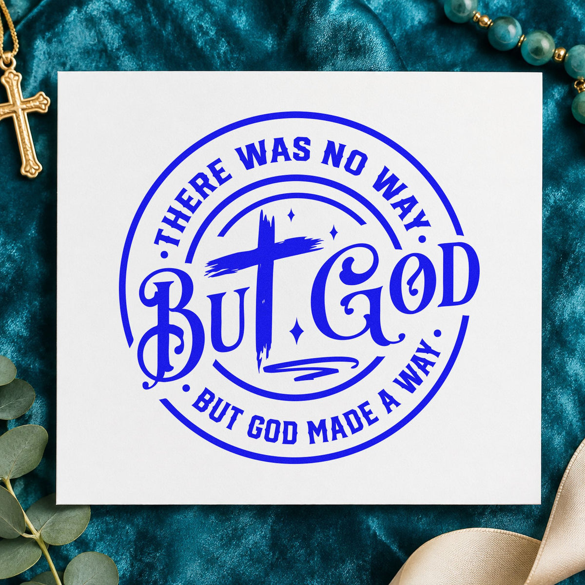 But God Circular Cross craft stamp in blue ink on cardstock, an easy option for small group handouts.