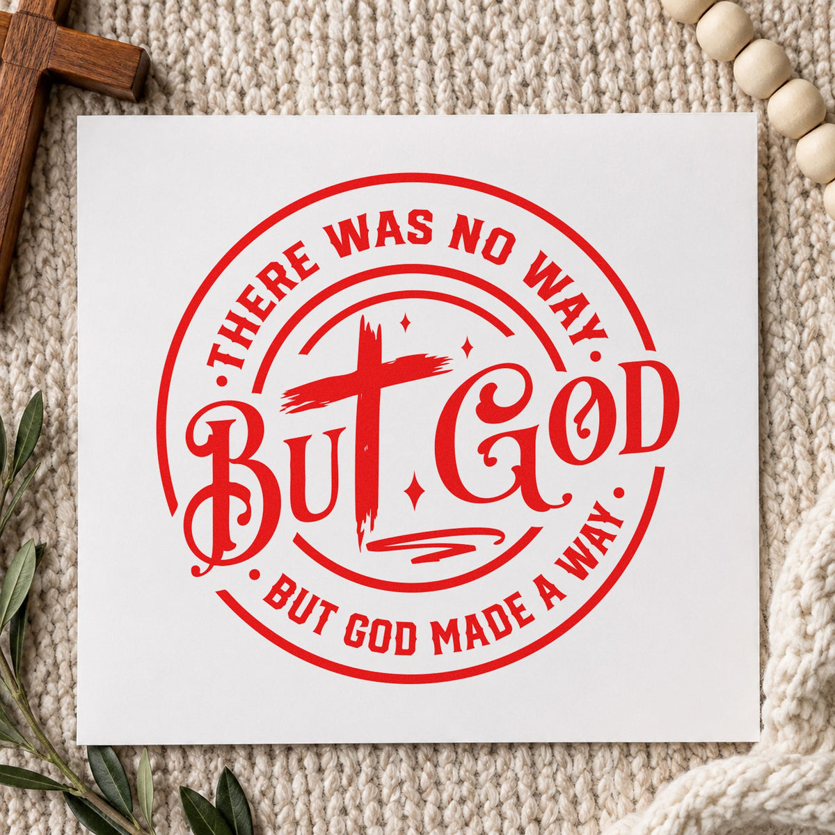 But God Circular Cross rubber stamp shown in red ink, stamped for projects such as framed shelf art.