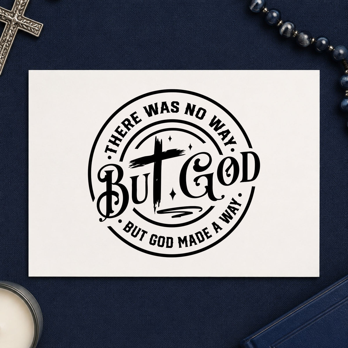 But God Circular Cross rubber stamp printed in black ink, ready for answered prayer cards and similar paper crafts.