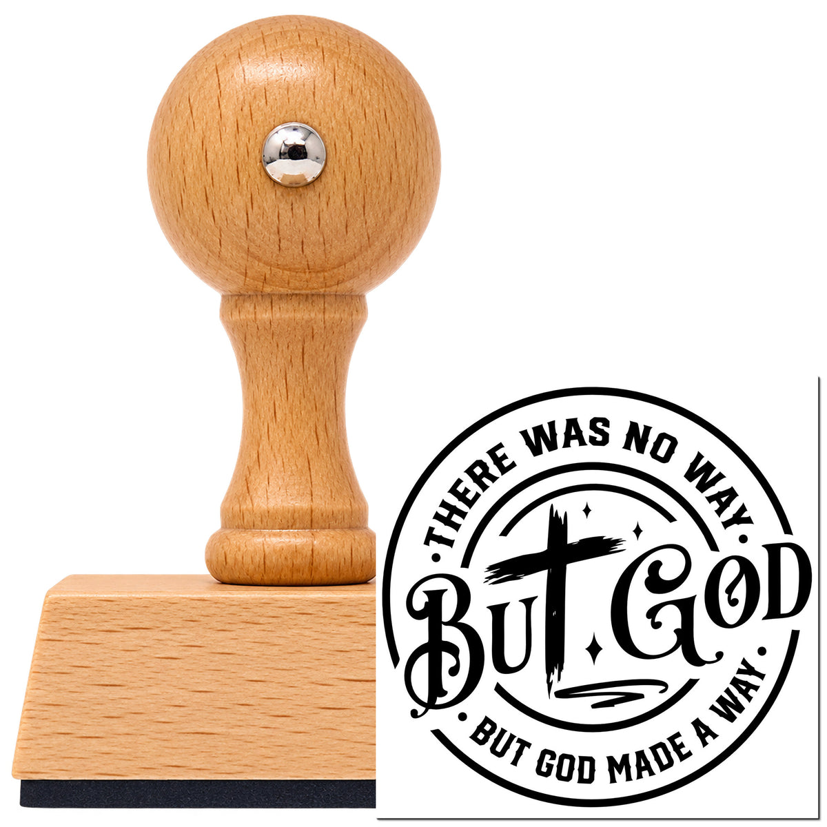 There Was No Way, But God Made A Way With Cross Vintage Pro rubber stamp in European beech wood with a round knob handle, shown beside its black imprint.