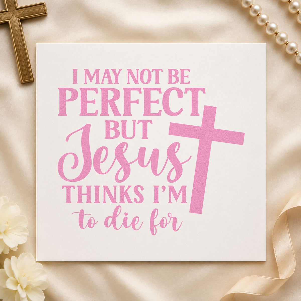 Jesus Thinks I'm to Die For craft stamp in purple ink on cardstock, an easy option for retreat tees.