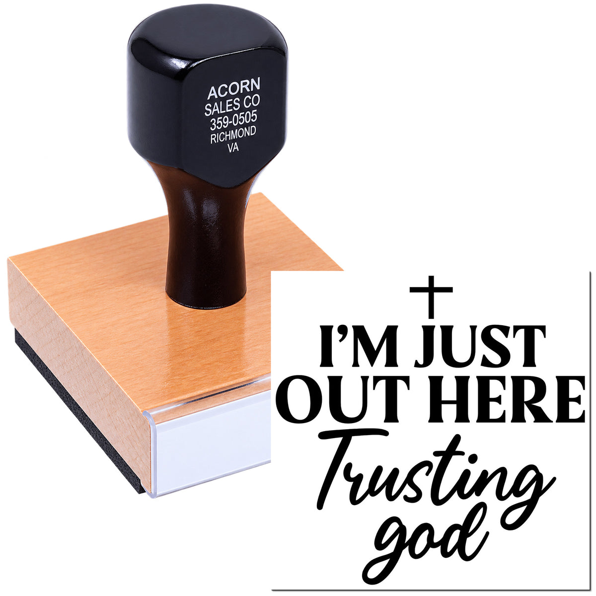 Christian rubber stamp with cross and Im just out here trusting God for faith-based cards, journals and crafts.