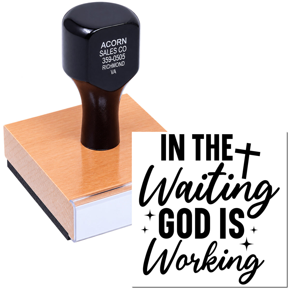 Custom rubber stamp with inspirational quote In the Waiting God Is Working for faith-based crafting and labeling.