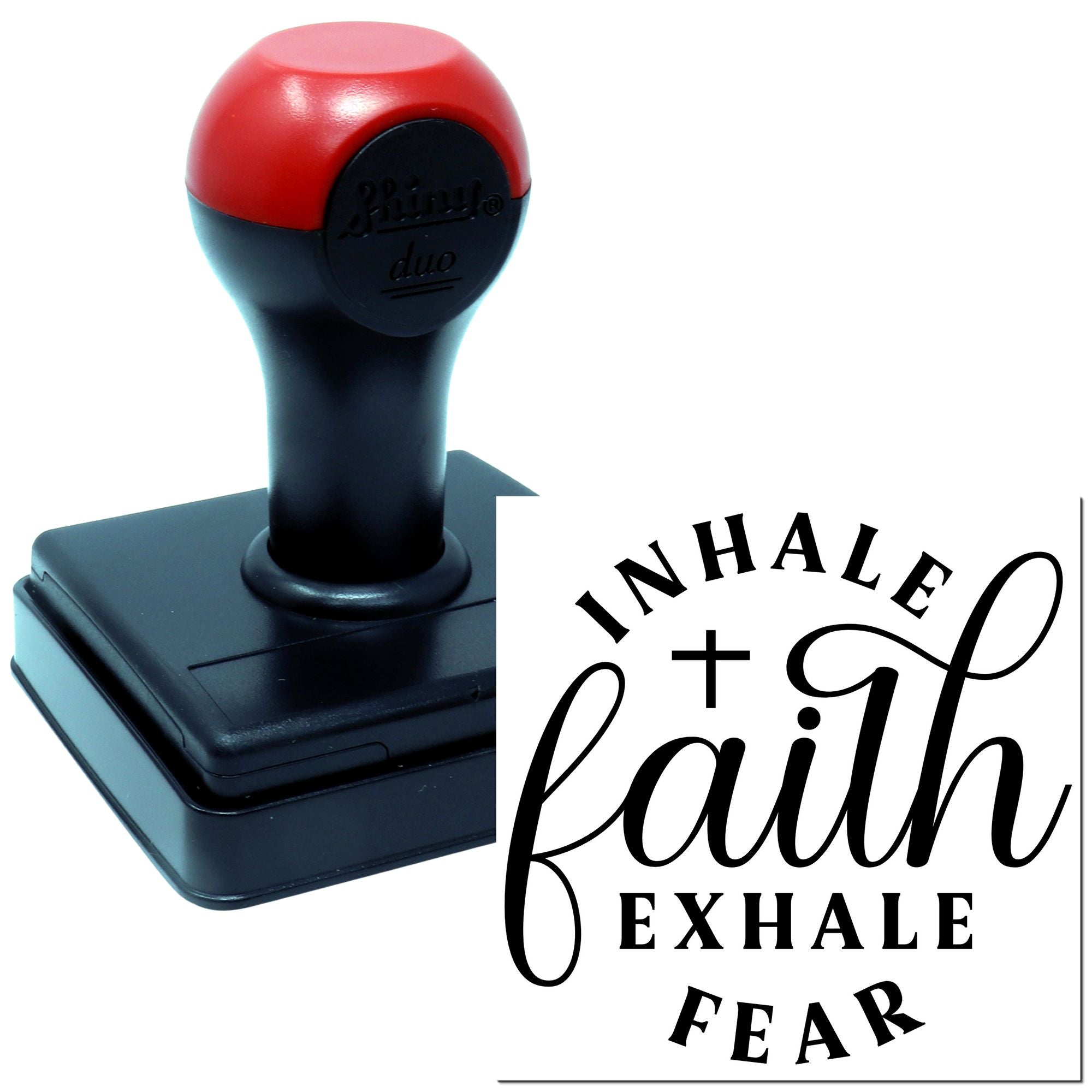 Custom self-inking rubber stamp with Inhale Faith Exhale Fear inspirational design for faith-based crafting.