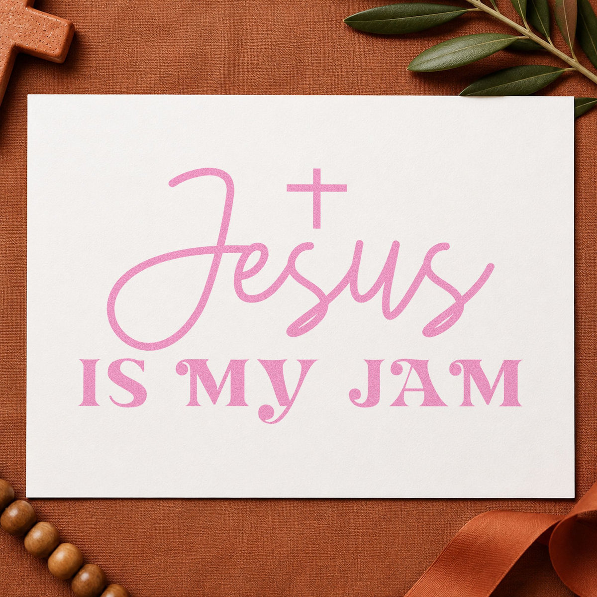 Jesus Is My Jam craft stamp in purple ink on cardstock, an easy option for youth group tees.