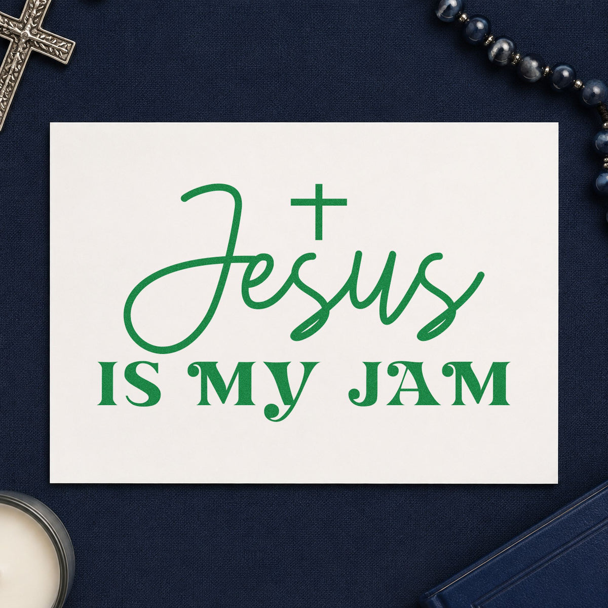 Jesus Is My Jam craft stamp imprint in green ink on a handmade project, one idea being playlist gift tags.