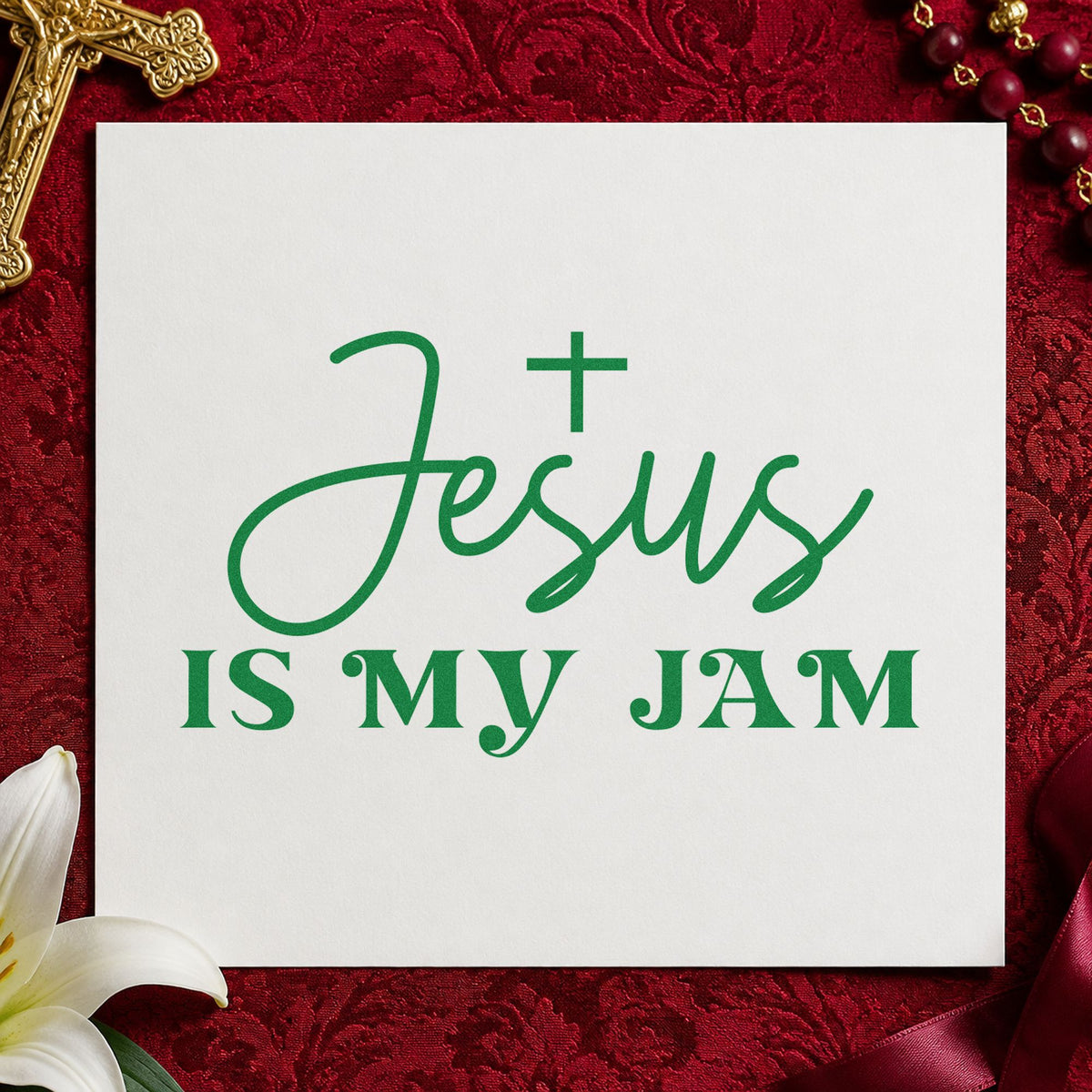 Jesus Is My Jam craft stamp imprint in green ink on a handmade project, one idea being kids' church crafts.
