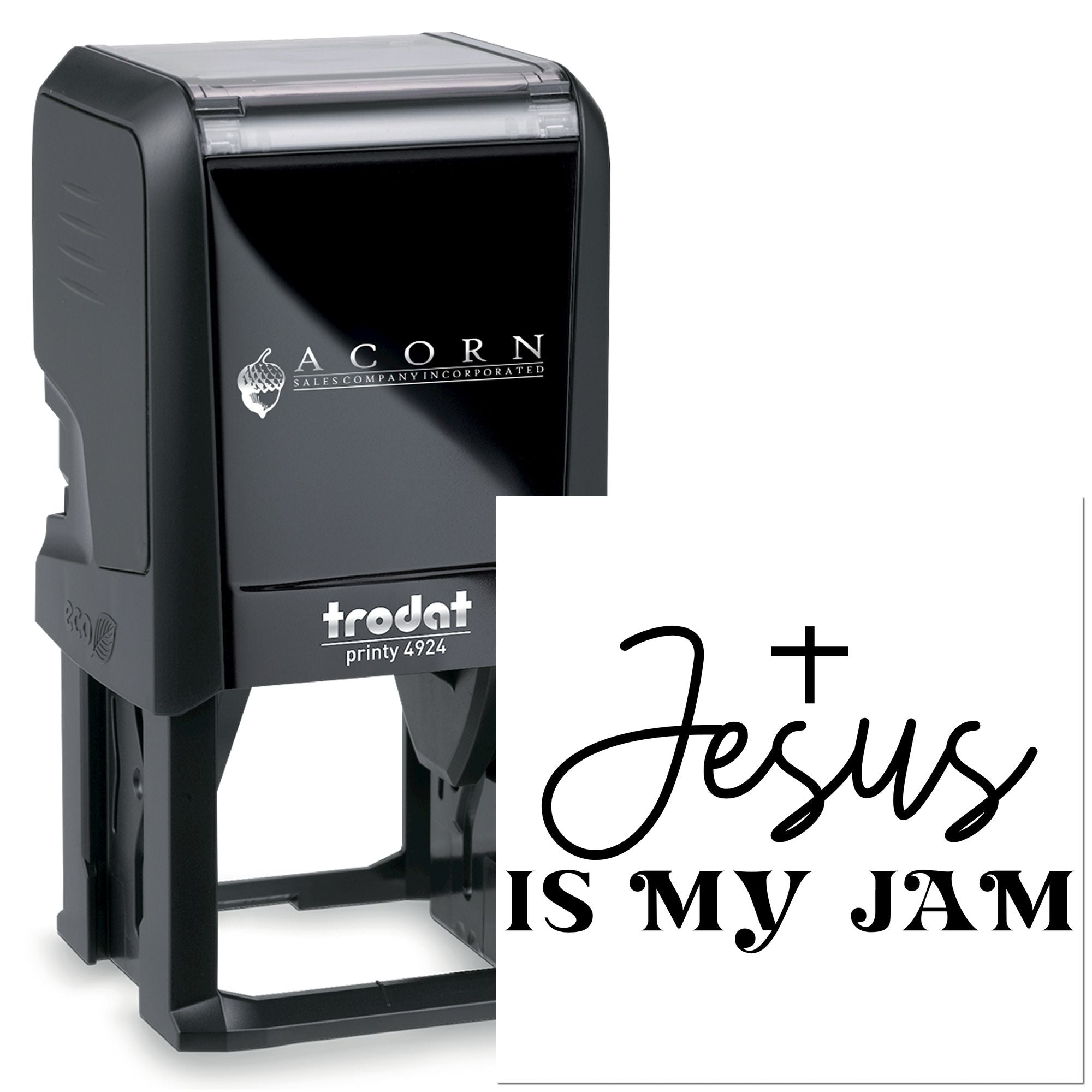 Custom Trodat self-inking rubber stamp with Jesus Is My Jam design for personalized faith stamping.