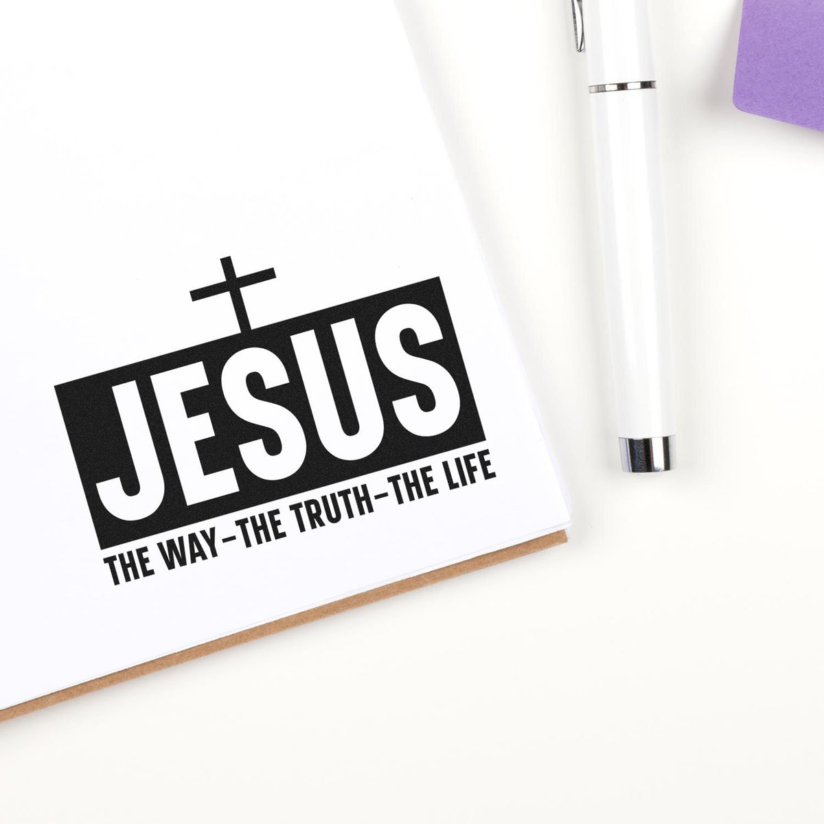 Jesus The Way Truth Life Premium Wood-Mounted Stamp - Vintage Pro imprint stamped in black ink. White "Jesus" lettering fills a dark rectangle beneath a cross, with "The way, the truth, the life" below.