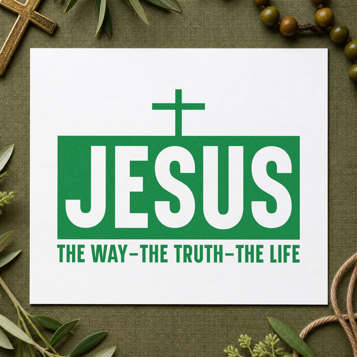 Jesus the Way Truth Life craft stamp imprint in green ink on a handmade project, one idea being evangelism cards.