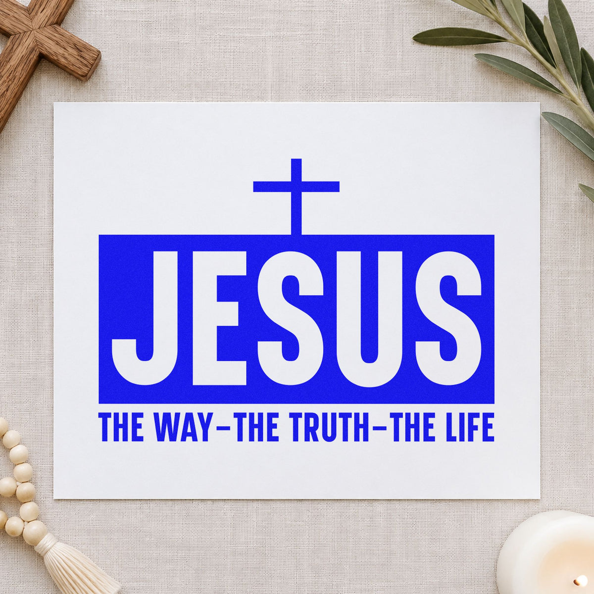Jesus the Way Truth Life craft stamp in blue ink on cardstock, an easy option for canvas totes.