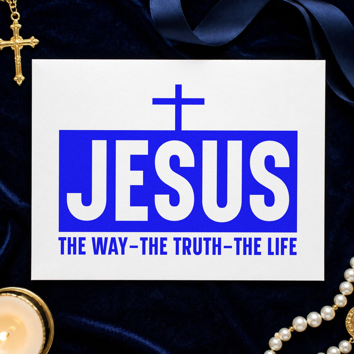 Jesus the Way Truth Life craft stamp imprinted in blue ink on paper, a design suited to bible cover crafts.