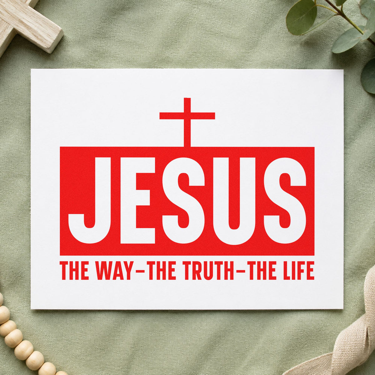 Jesus the Way Truth Life rubber stamp shown in red ink, stamped for projects such as framed wall art.