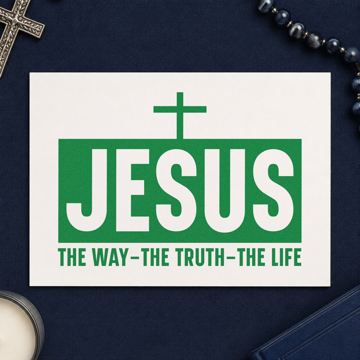 Jesus the Way Truth Life craft stamp imprint in green ink on a handmade project, one idea being sermon series signs.