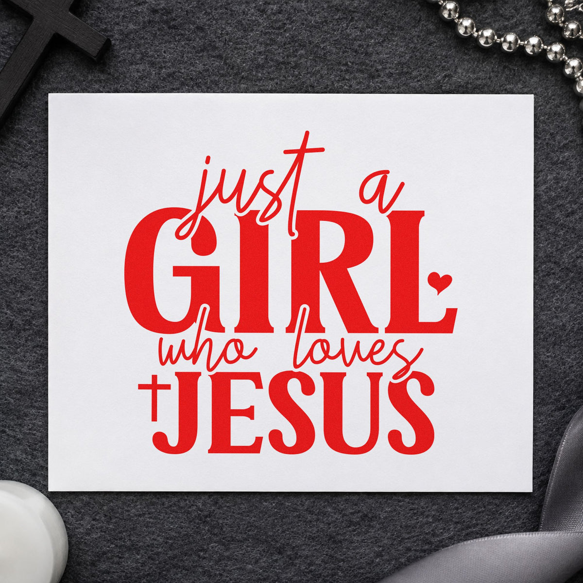 Just a Girl Who Loves Jesus rubber stamp shown in red ink, stamped for projects such as sleepover invitations.