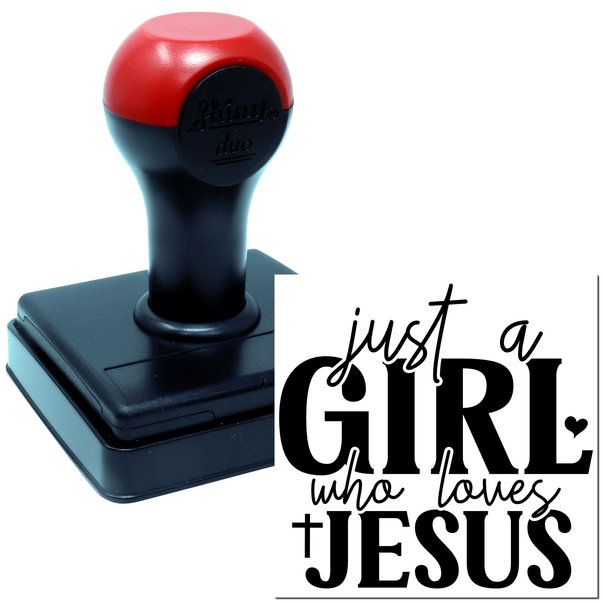 Self-inking rubber stamp with Just a Girl Who Loves Jesus design for Christian crafts and Bible journaling.