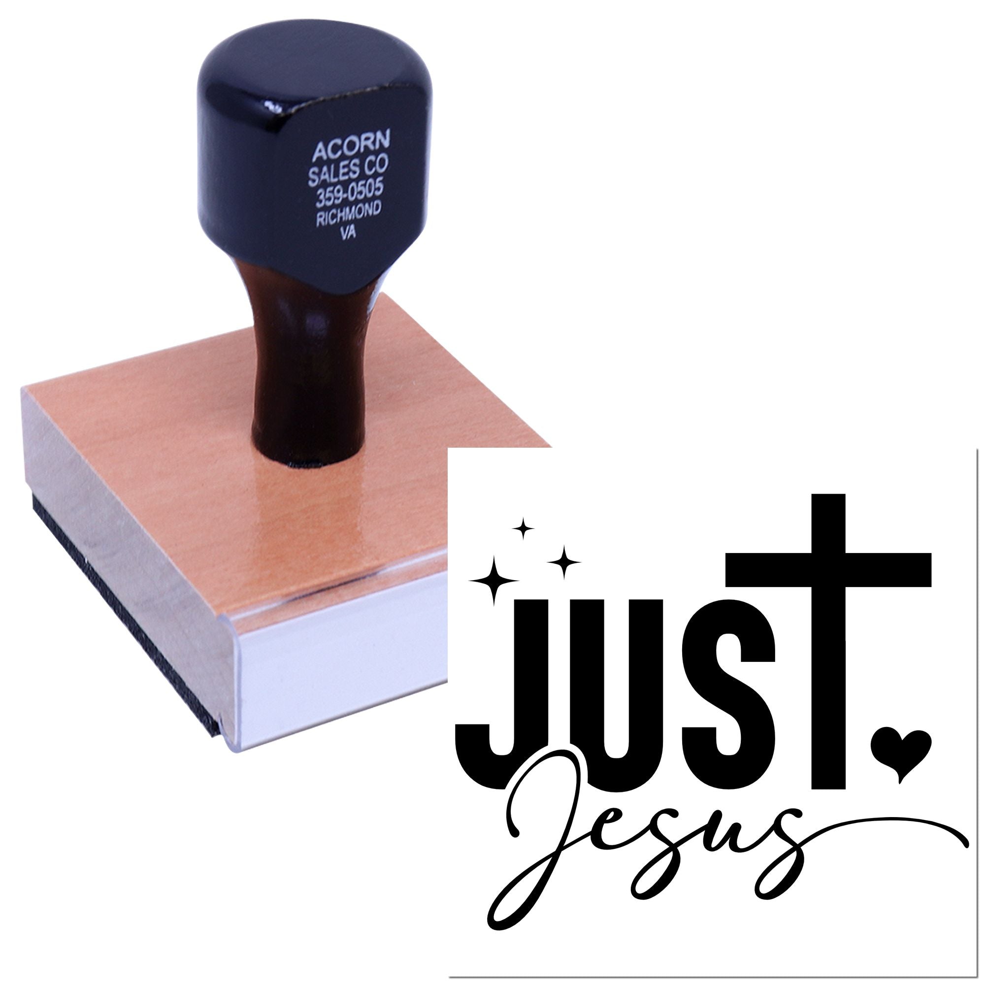 Custom Just Jesus rubber stamp for Christian crafts, church branding, and faith-based packaging.
