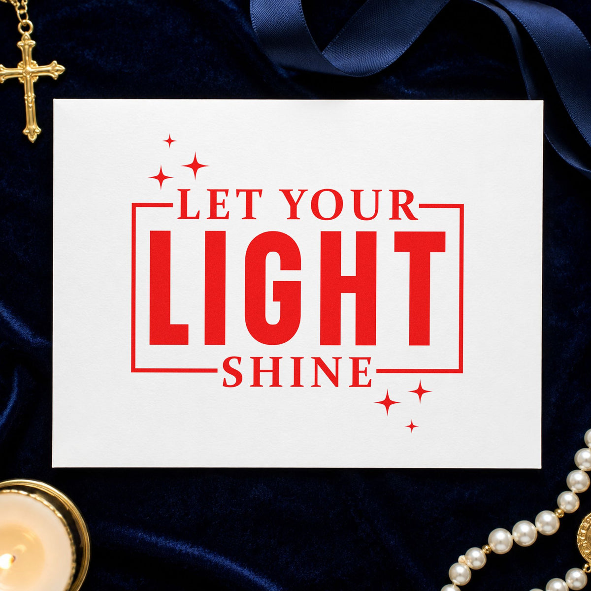 Let Your Light Shine rubber stamp shown in red ink, stamped for projects such as lantern craft tags.