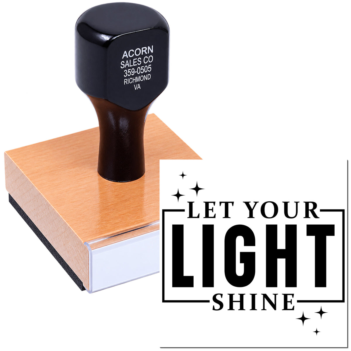 Custom rubber stamp for business branding, with logo and slogan, ideal for packaging, documents, and promotional materials.