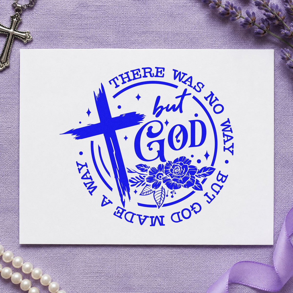 God Made a Way Rose Badge craft stamp in blue ink on cardstock, an easy option for canvas totes.