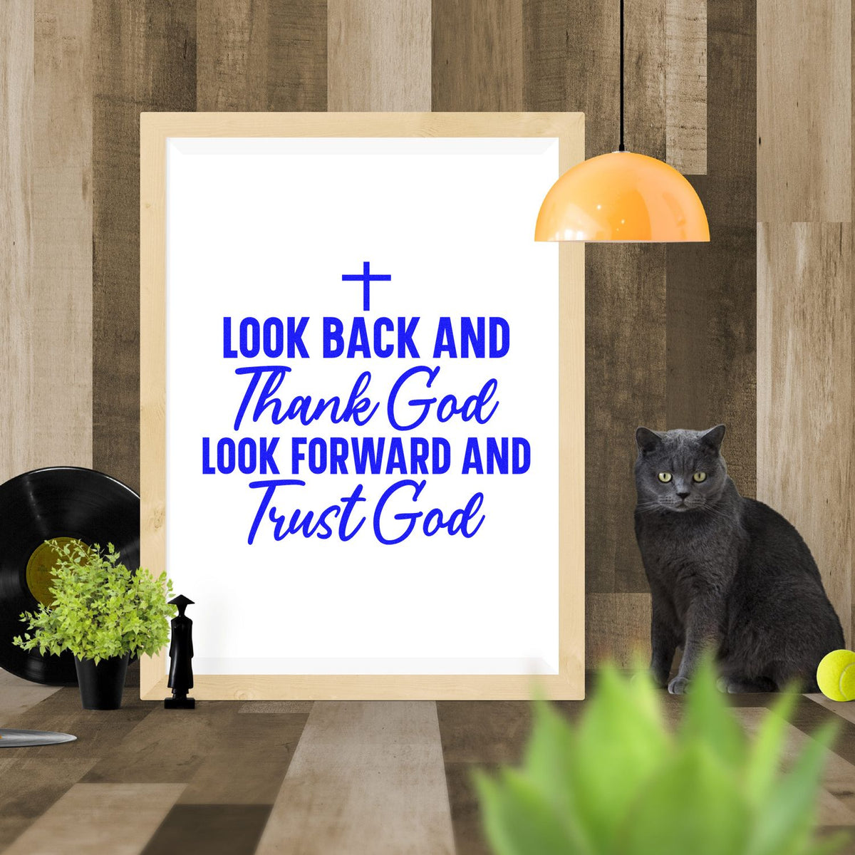 Thank God and Trust God rubber stamp shown in blue ink, stamped for projects such as graduation cards.