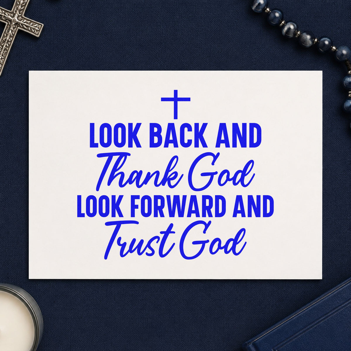 Thank God and Trust God craft stamp in blue ink on cardstock, an easy option for annual album openers.