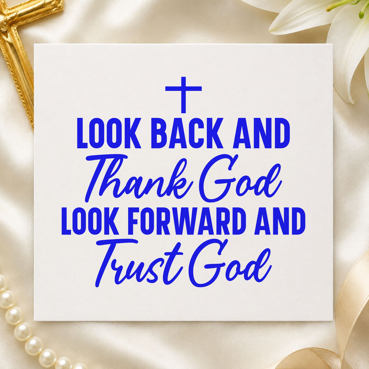 Thank God and Trust God craft stamp imprinted in blue ink on paper, a design suited to planner first pages.